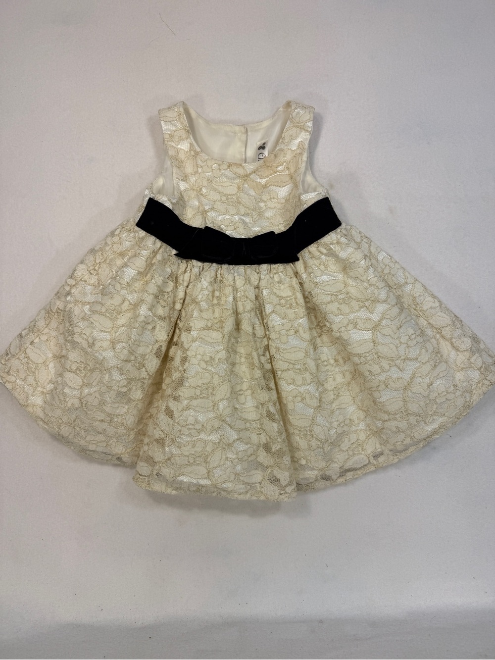 Ivory with gold Lace Party Dress with Black Waist Bow - Kids